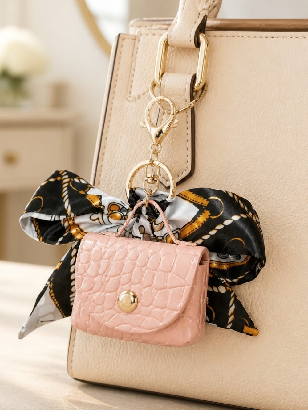 Pink Croc Mini Purse Bag Charm Keychain Scarf Bow AirPods Coin Pouch Keyring New